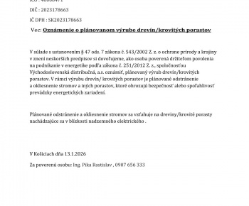 Aktuality / Oznámenia o plánovanom výrube NN, Východoslovenská distribučná, a.s. - foto