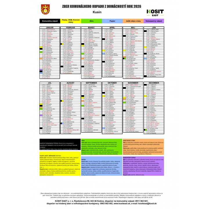 Kalendár triedeného zberu  na rok 2026